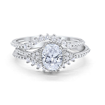 14K White Gold Three Piece Art Deco Bridal Set Band Oval Engagement Wedding Ring Simulated CZ Size-7